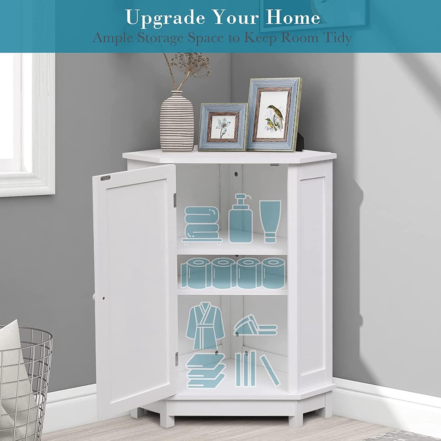 Corner Cabinet with Door - Bathroom Storage with Removable Shelves - White