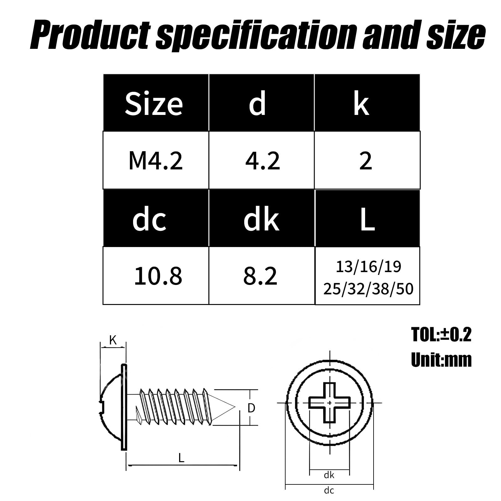 20 sztuk Srub do Blachy M4.2x19mm Śruby Samogwintujące Stal Węglowa, łeb Płaski z Podkładką,Gniazdo Krzyżakowe,Czarne Śruby do Drewna