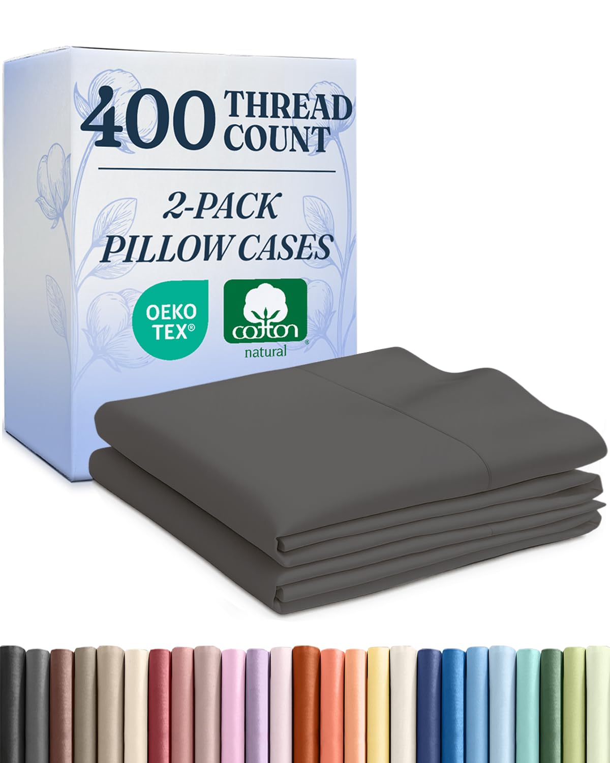 100% cotton pillow cases queen size - cooling, breathable & soft pillowcase covers set of 2 - 400 thread count cotton - wrinkle free - machine washable protectors - luxury hotel bedding - dark grey