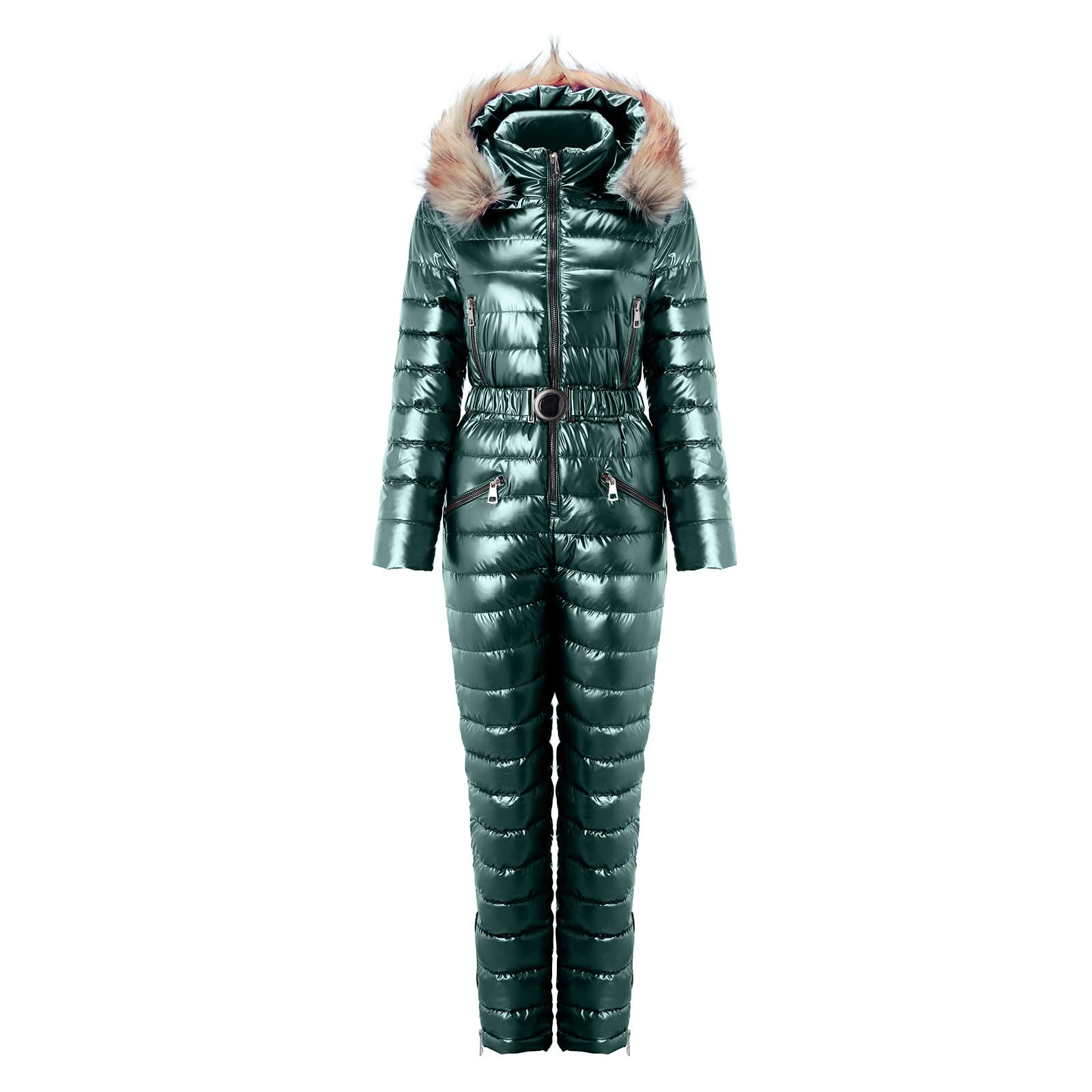 IQYU Tuta da sci da donna, tuta da neve, impermeabile, con cappuccio in pelliccia, giacca da snowboard, giacca da sci lunga, giacca da sci termica, giacca da neve calda, set da sci, Z verde, XXL