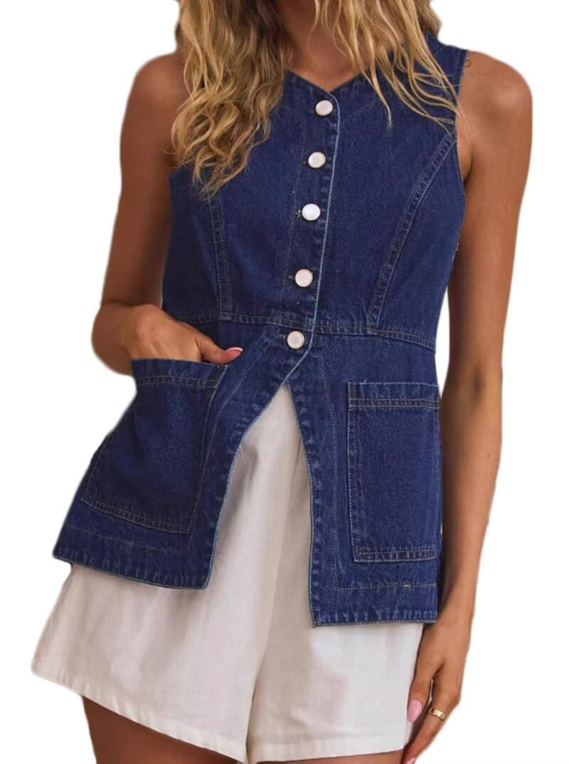 Womens Denim Vest Sleeveless Cropped V neck Jean Vest Casual Y2K Button Down Suit Waistcoat Tops HZH06