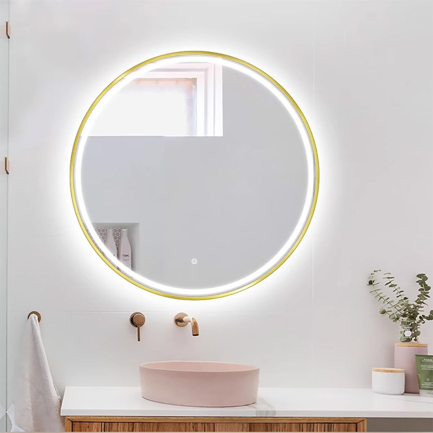 SXFSDOU 90cm LED Round Mirror with d e - Illuminated Bathroom 110cm Dimmable Makeup 3 Color Light Anti-Fog & Waterproof (32")