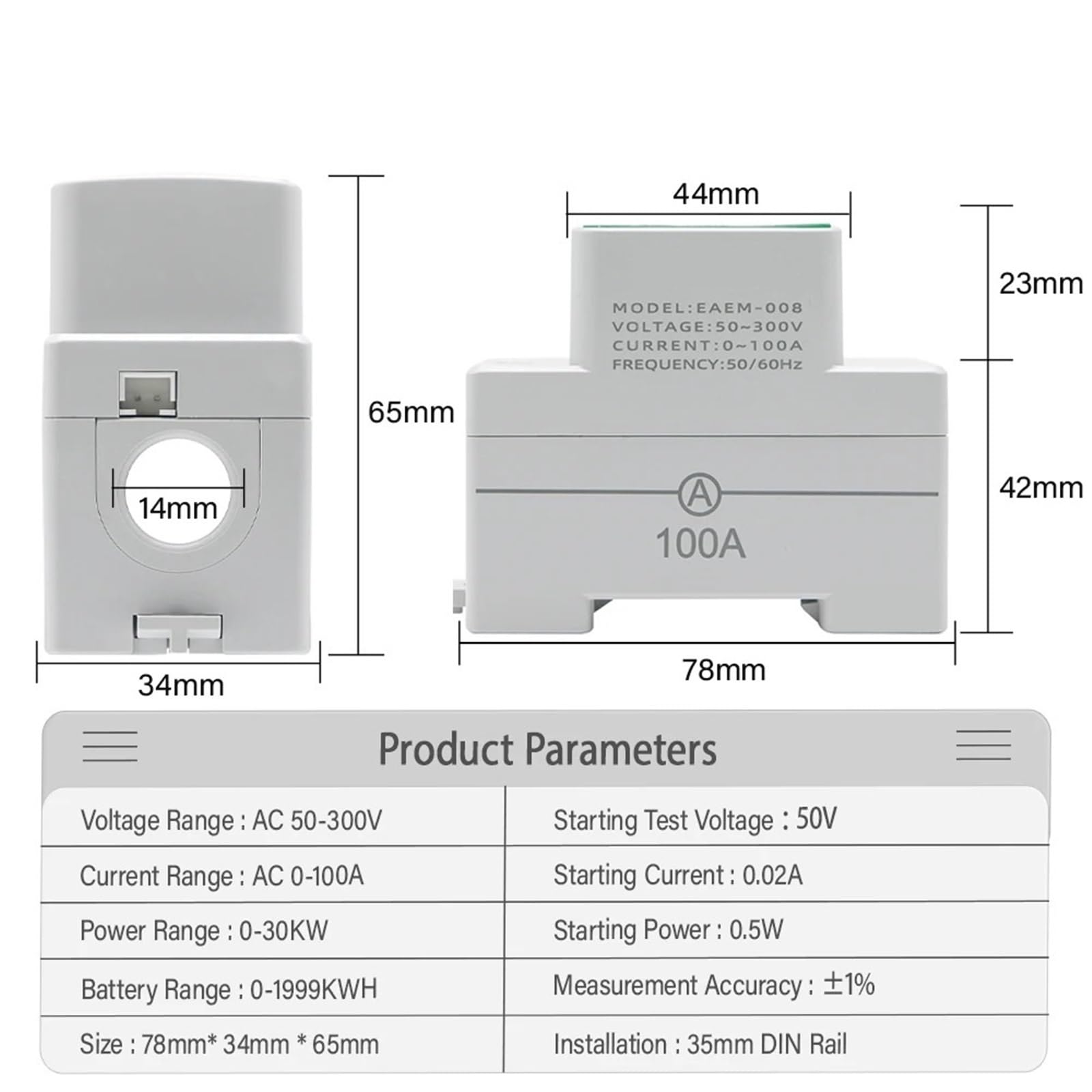 4IN1 Din Rail AC Monitor AC50-300V 100A Voltage Current Watt KWH Power Digital Energy Meter Volt AMP Voltmeter Ammeter Wattmeter