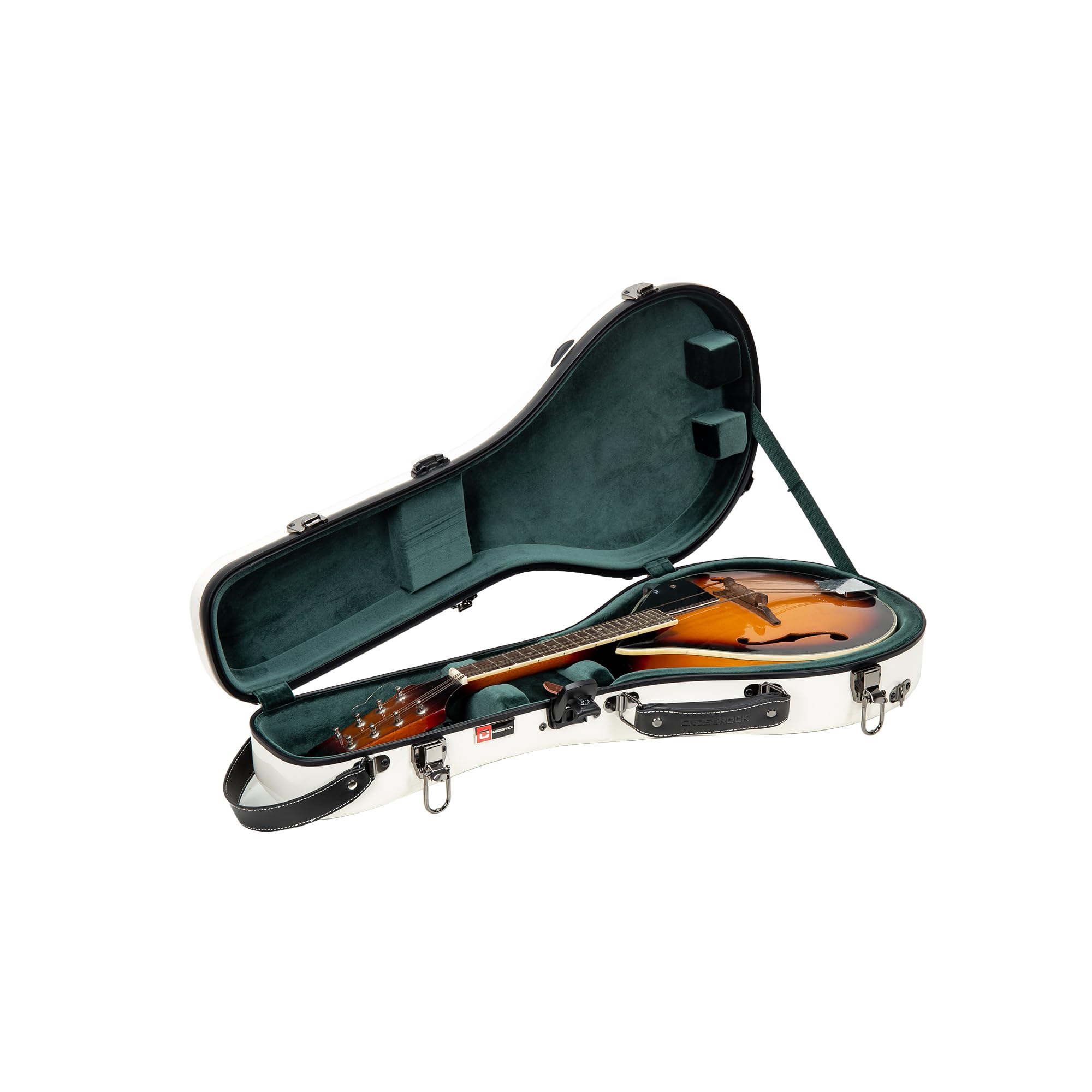 Crossrock Fiberglass Mandolin Case – Contoured for F-Style (Fits Gibson F5) | Ivory Gloss, Forest Green Velvet, TSA Lock, Accessory Compartment, Backpack Straps – Sleek Pro Travel Case