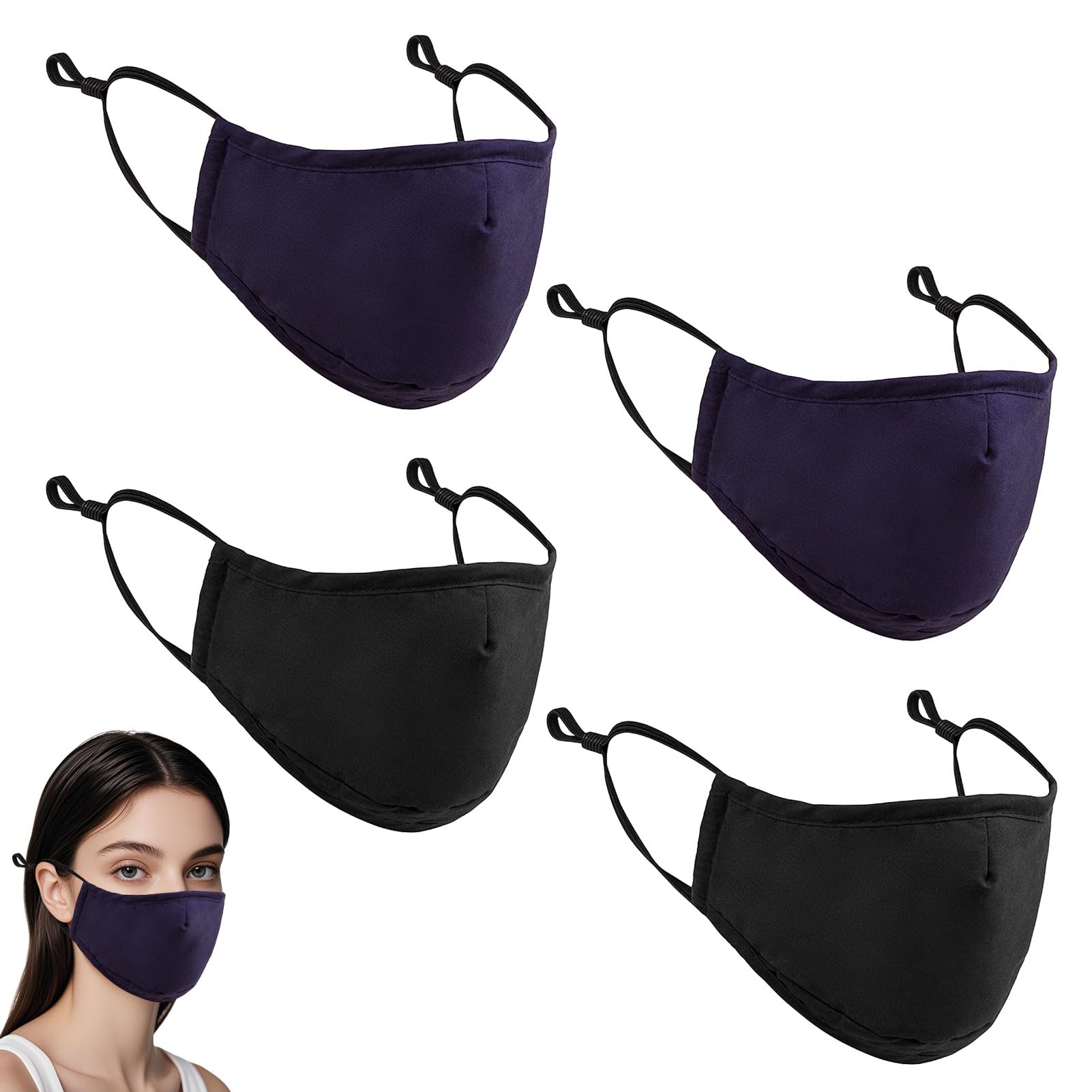 4 PCS Reusable Cotton Face Masks with 2 Black Mask + 2 Navy Blue,Reusable Cotton Covering with Nose Wire for Glass Wearers,Washable and Breathable Fabric with Adjustable Ear Loops-image-14
