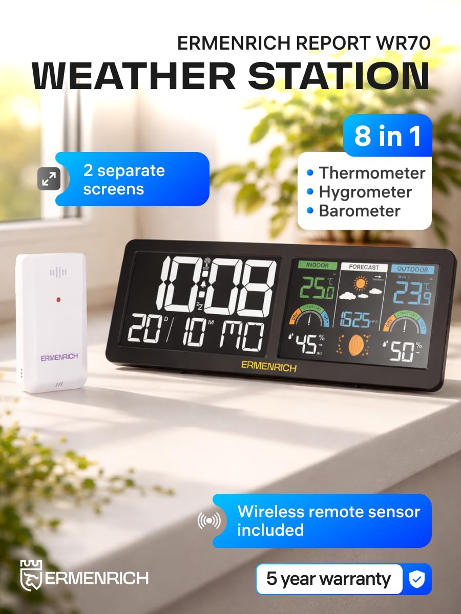 Report WR70 Wetterstation mit Außensensor und Doppel-Farbdisplay | Innen & Außen Thermometer Hygrometer mit Wettervorhersage, Barometer, Mondphase, Batteribetrieb für Zuhause, Büro und Garten