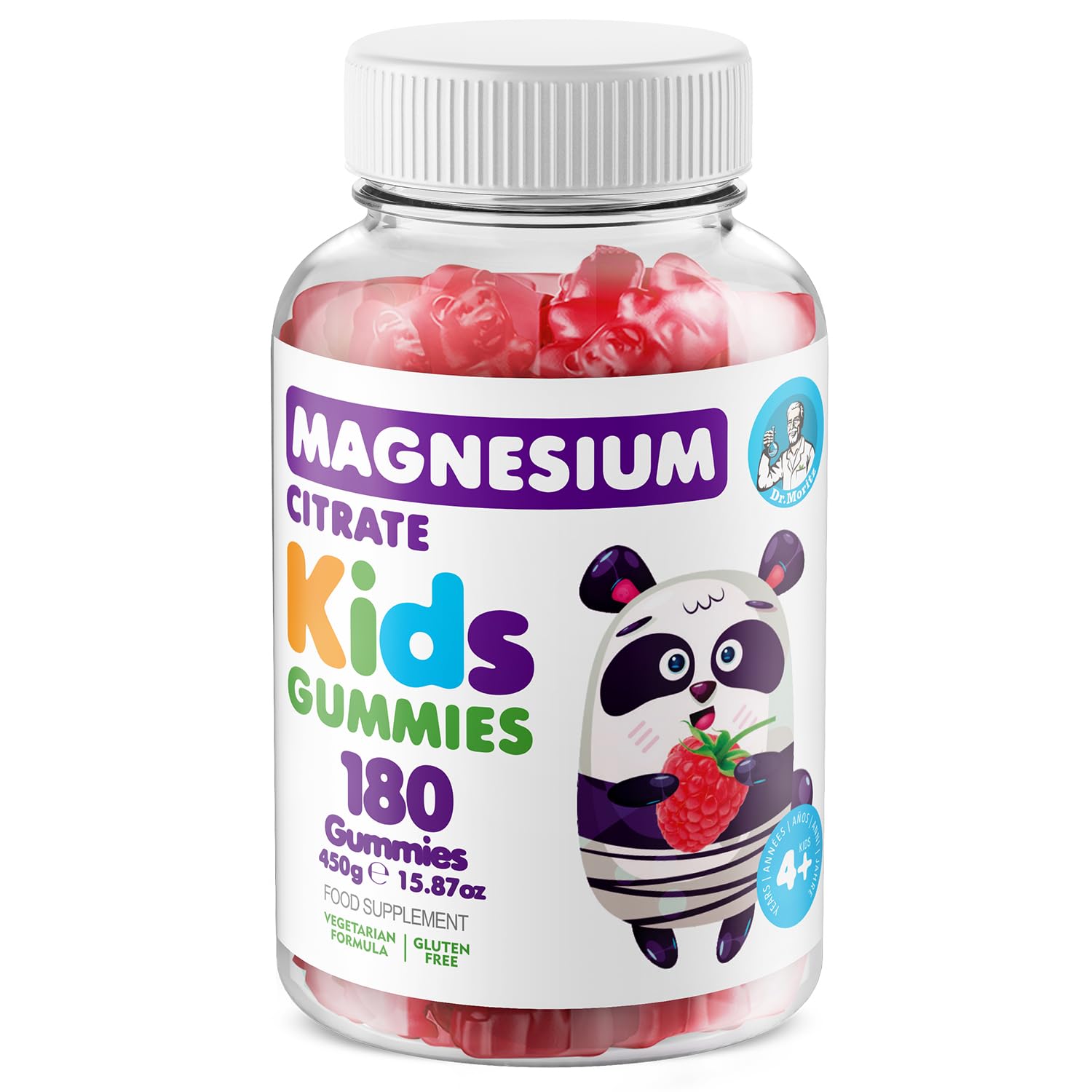 Dr. Moritz Calming and Relaxing Kids Magnesium Gummies, Non-GMO and Low Sugar Magnesium Kids Chewy Supplements, Raspberry Flavor (180 Count)