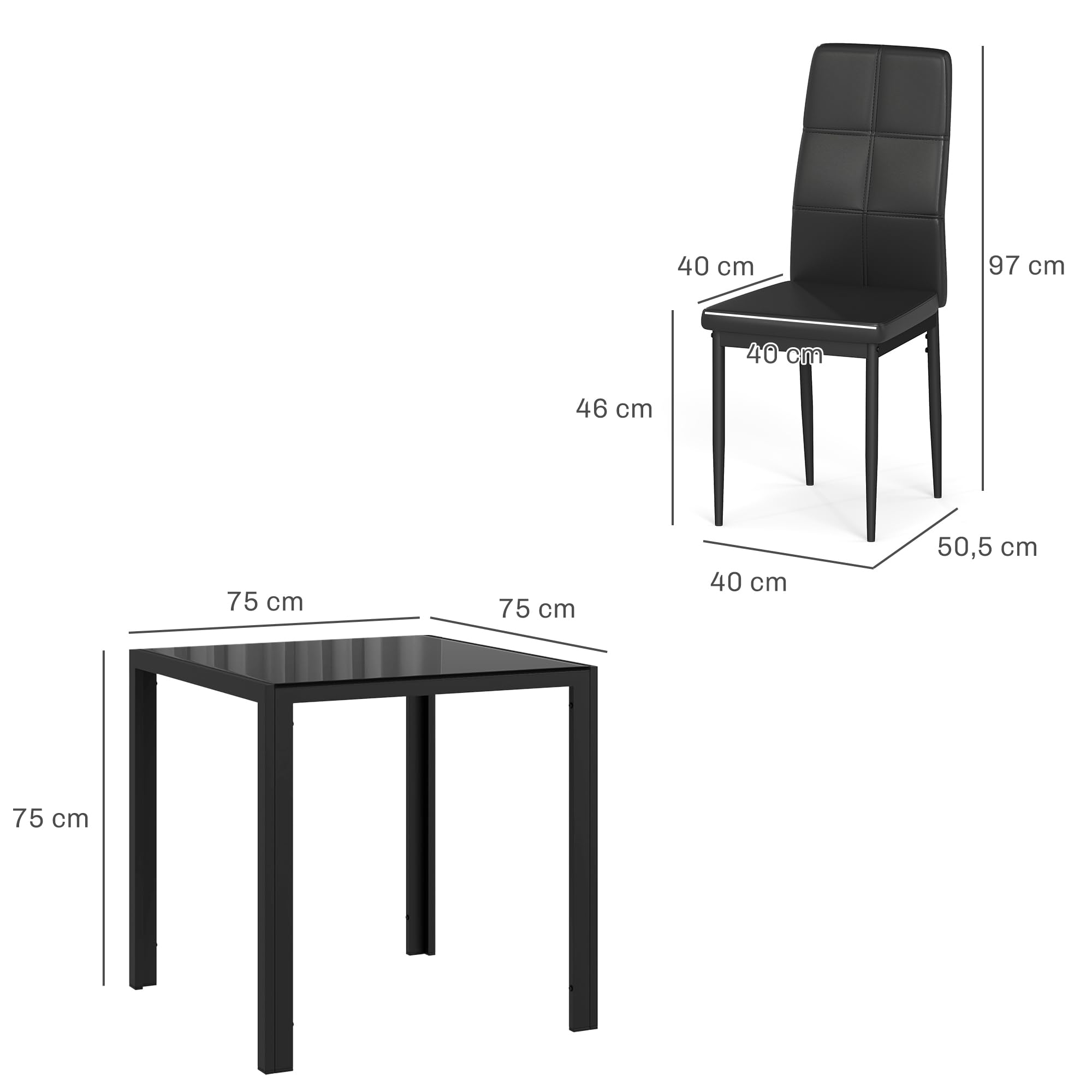 HOMCOM Ensemble Table à Manger et Chaises pour 2 Personnes, Table de Cuisine, Plateau Rectangulaire en Verre, Structure en Métal, Noir