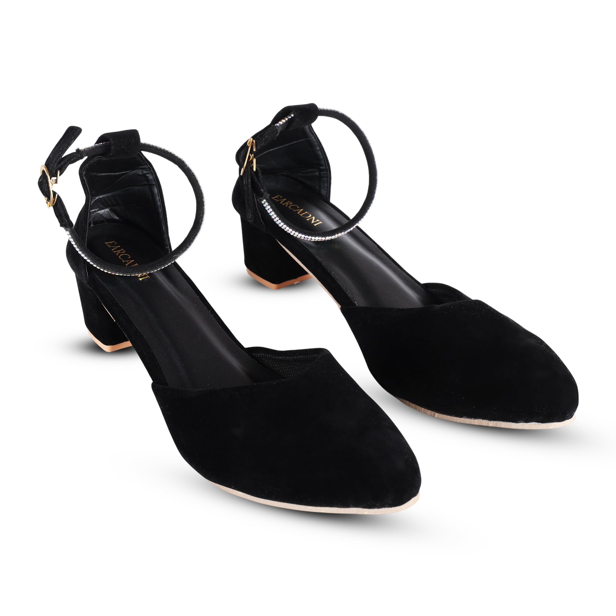 earcadni Women's Block Heel Pumps, Black Suede and Clear Crystal Embellished Ankle Strap Sandals, Geometric Heel Design for Office-picture-24