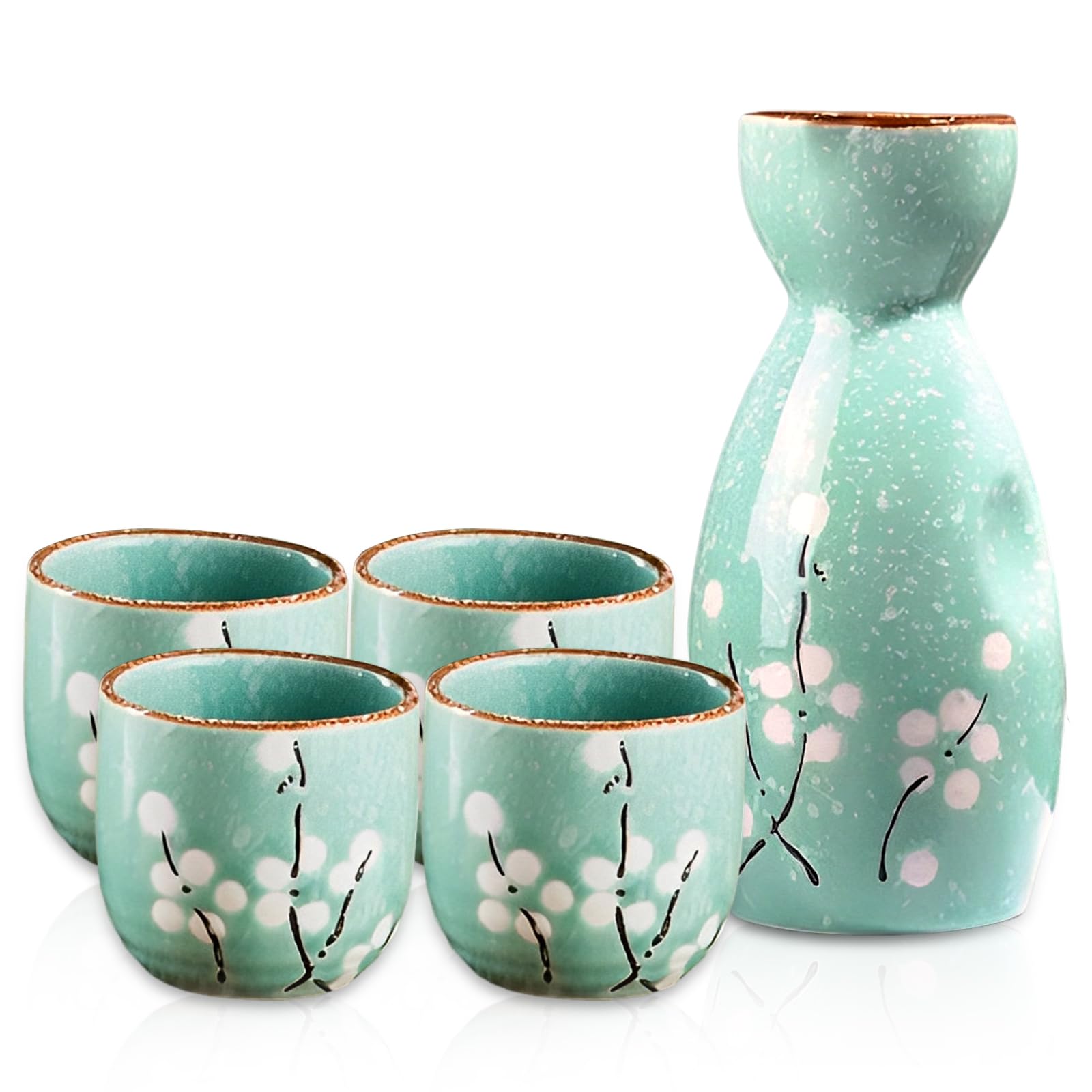 Sake Set,5-teilig Handbemalt Japanisch Kirschblüte Sake Becher Warm Wein Topf Traditionellektassen Weingläser Basteln Geschenk(Cyan)