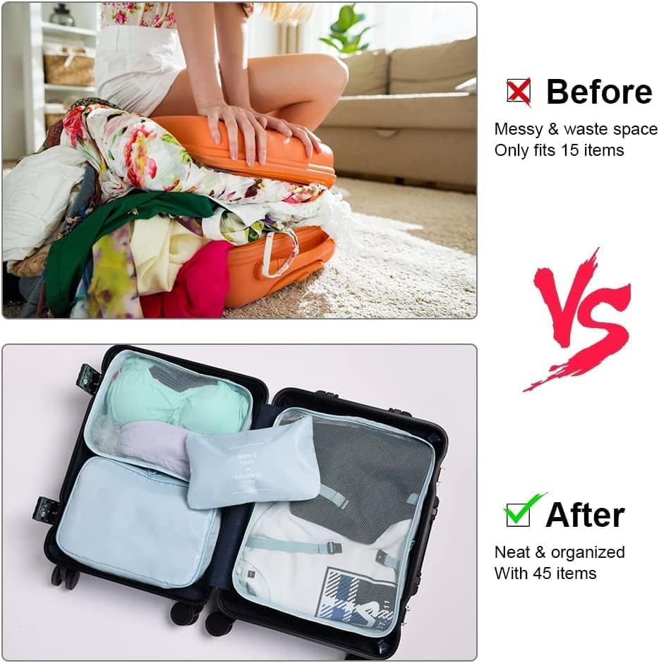 Image of 7 Pcs Travel Organizer Bag Set for Luggage | Waterproof Packing Cubes for Clothes, Shoes & Toiletries | Foldable Travel Storage Bags for Men & Women | Black Travel Pouch Set (Skyblue)