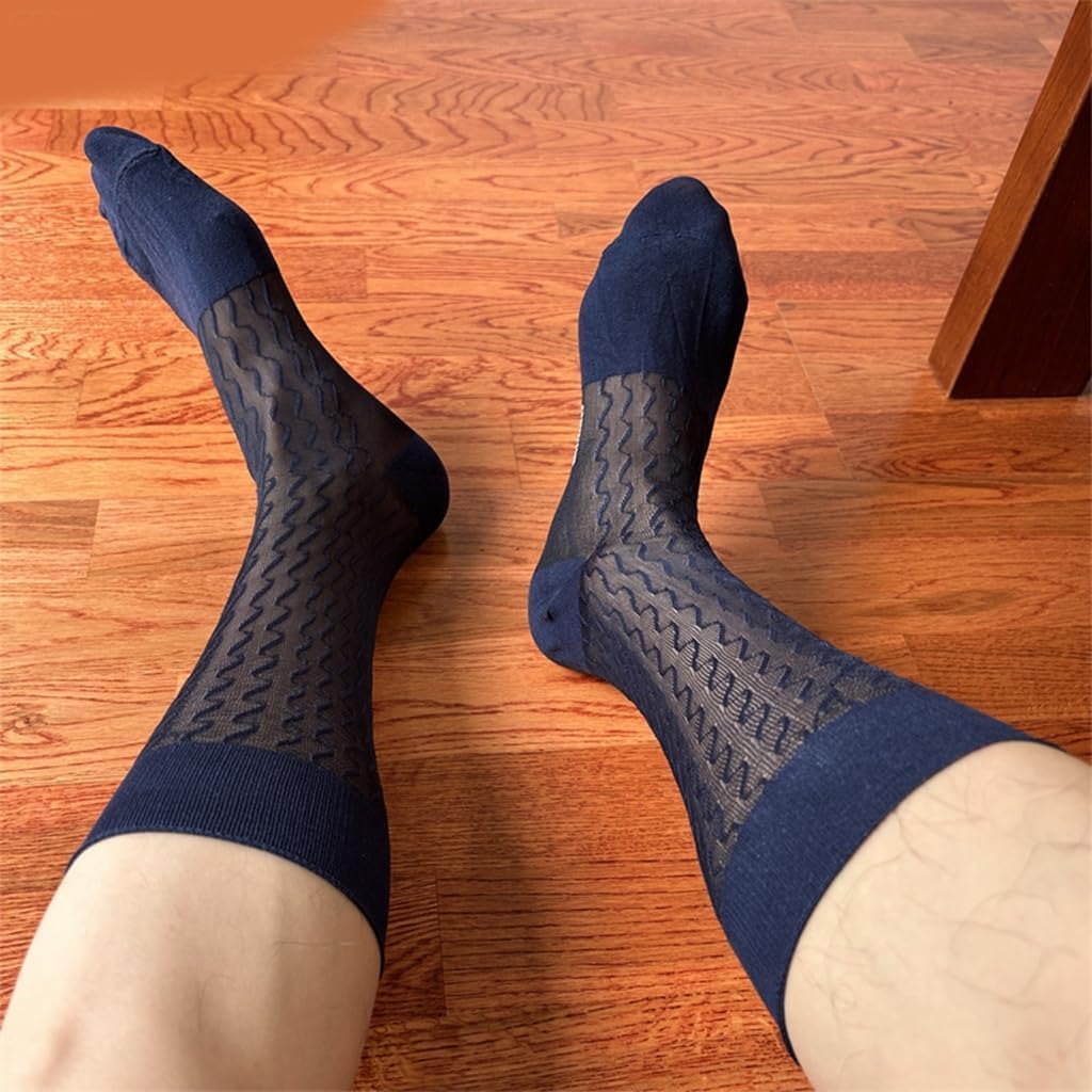 Men's Thin Sheer Nylon Dress Socks Elegant Waved Pattern Middle Calf Socks for Business Suit and Formal