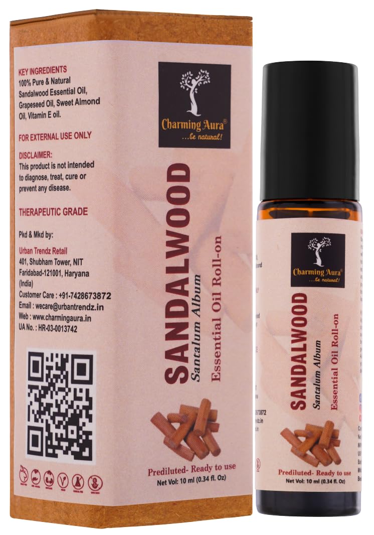 Sandalwood Essential Oil | Roll-on | for Skin Care, Yoga, Meditation, Refreshment, Reiki, Stress relief | 10ml | Prediluted- Ready to use | (Sandalwood Roll-on, Pack of 1)