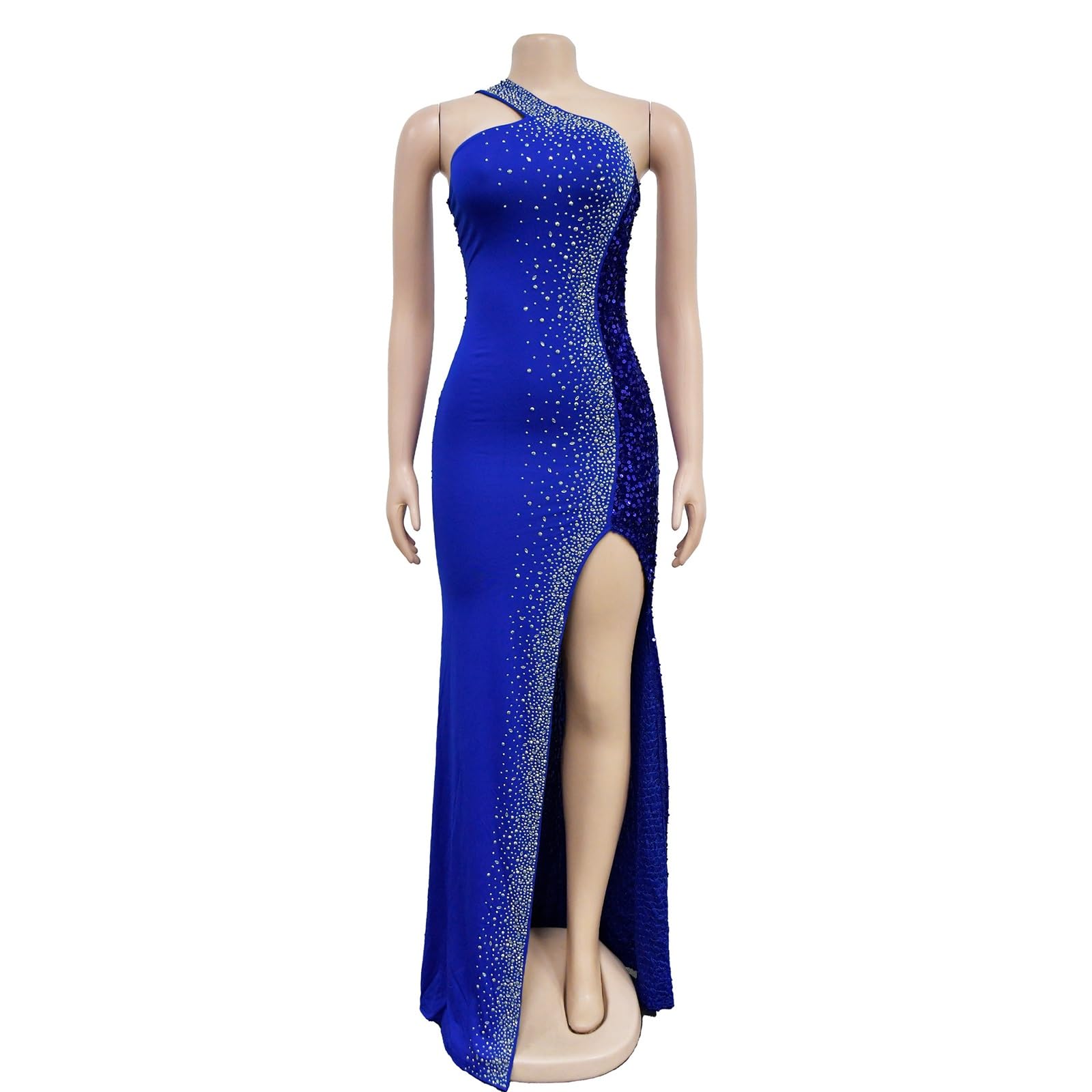Vestido Largo de Un Solo Hombro, con Pedrería y Lentejuelas En Degradado, con Una Abertura Alta, Cierre con Cremallera En La Espalda, Ideal Para Fiestas y Eventos Nocturnos