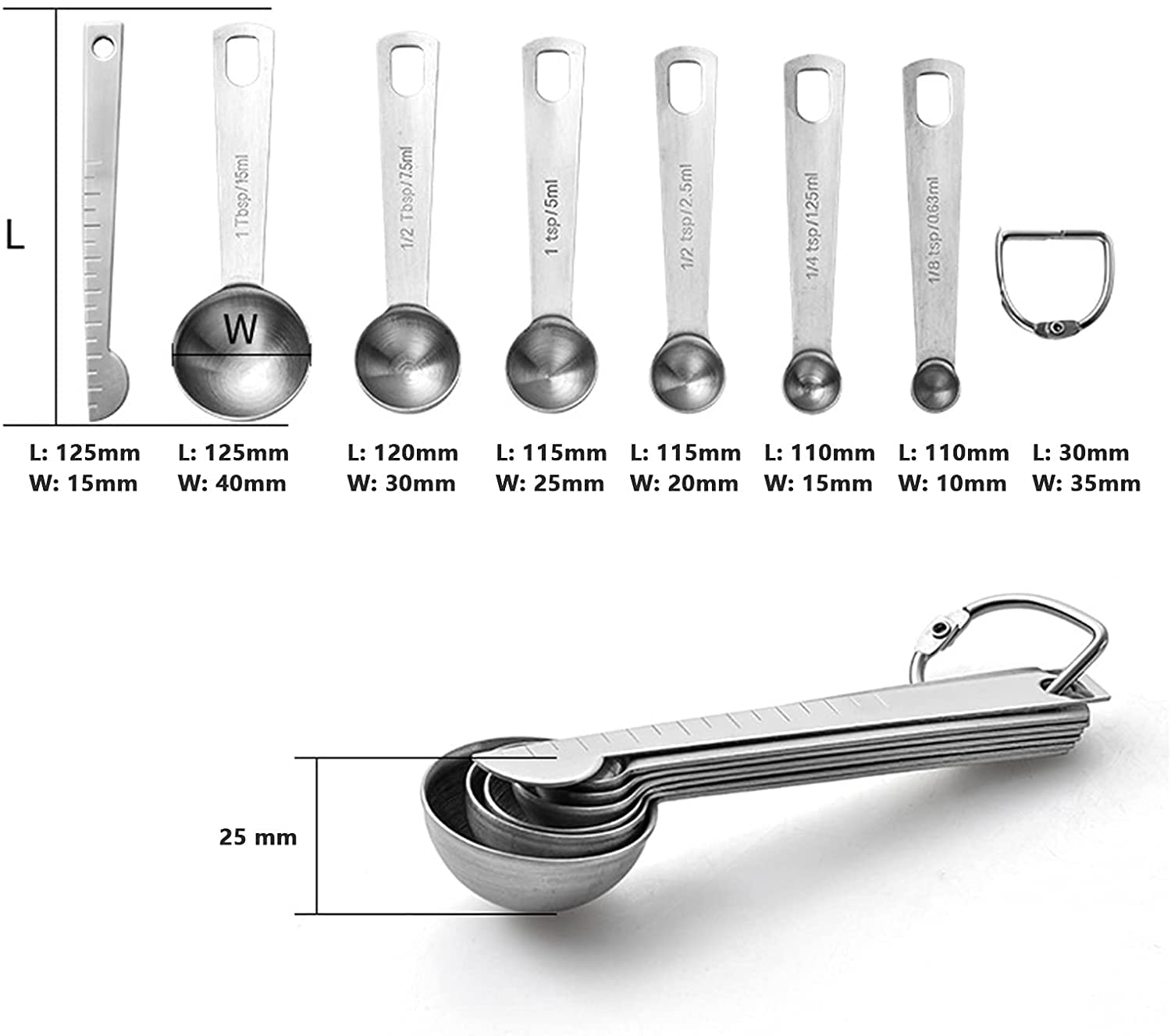 Juego de cucharas medidoras de Acero Inoxidable de 7 Piezas, diseño Moldeado de una Pieza con nivelador y Escala Clara para cocinar y Hornear