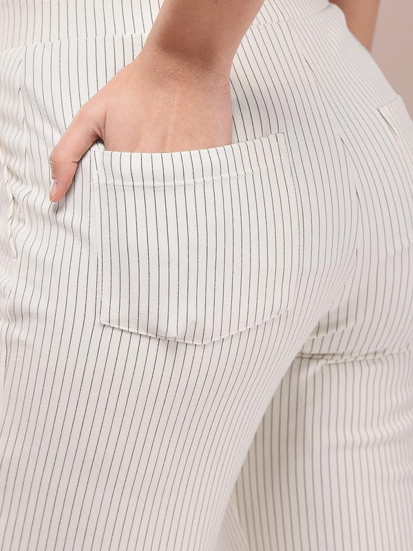 Image of FableStreet Women's Livin Striped Straight Fit Off White Pants
