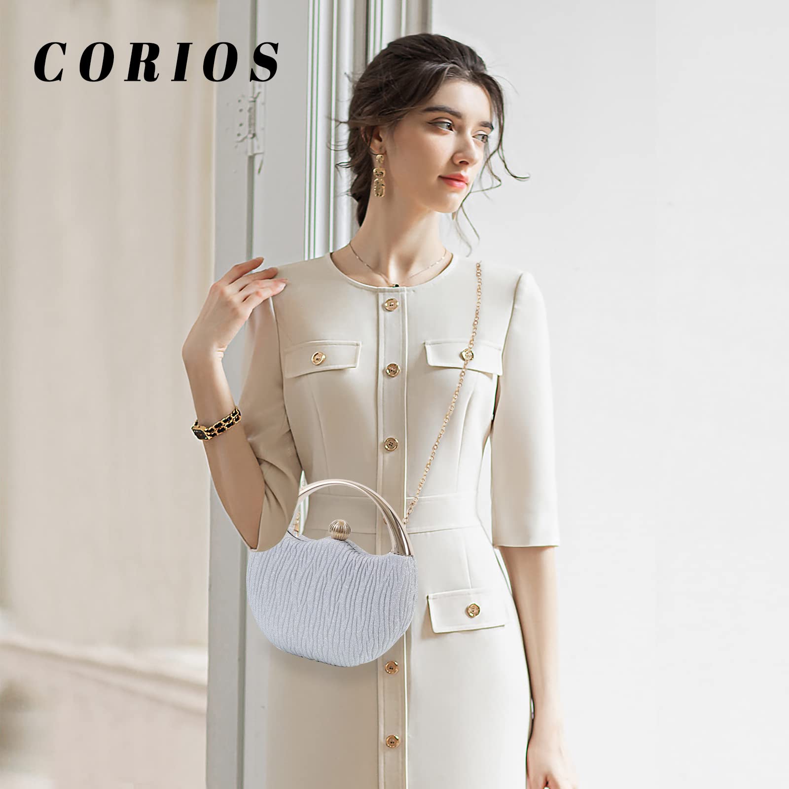 CORIOS Damen Abendtasche Funkelnd Clutch Glitzer Henkeltasche Glänzend Umhängetasche Hochzeit Brautbörse Schultertasche Cocktail Party Abschlussball Tasche für Frauen Silber