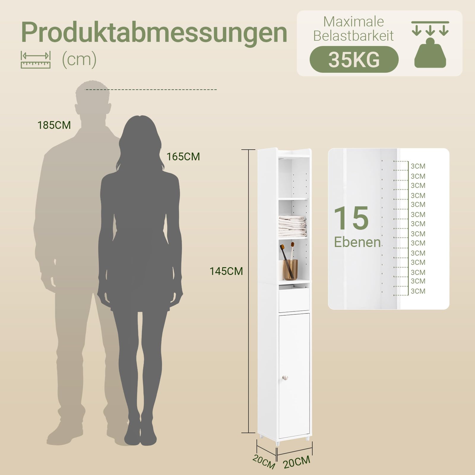 SoBuy Badezimmerschrank Schmal mit Schublade 20x20x145cm für Bäder & WC