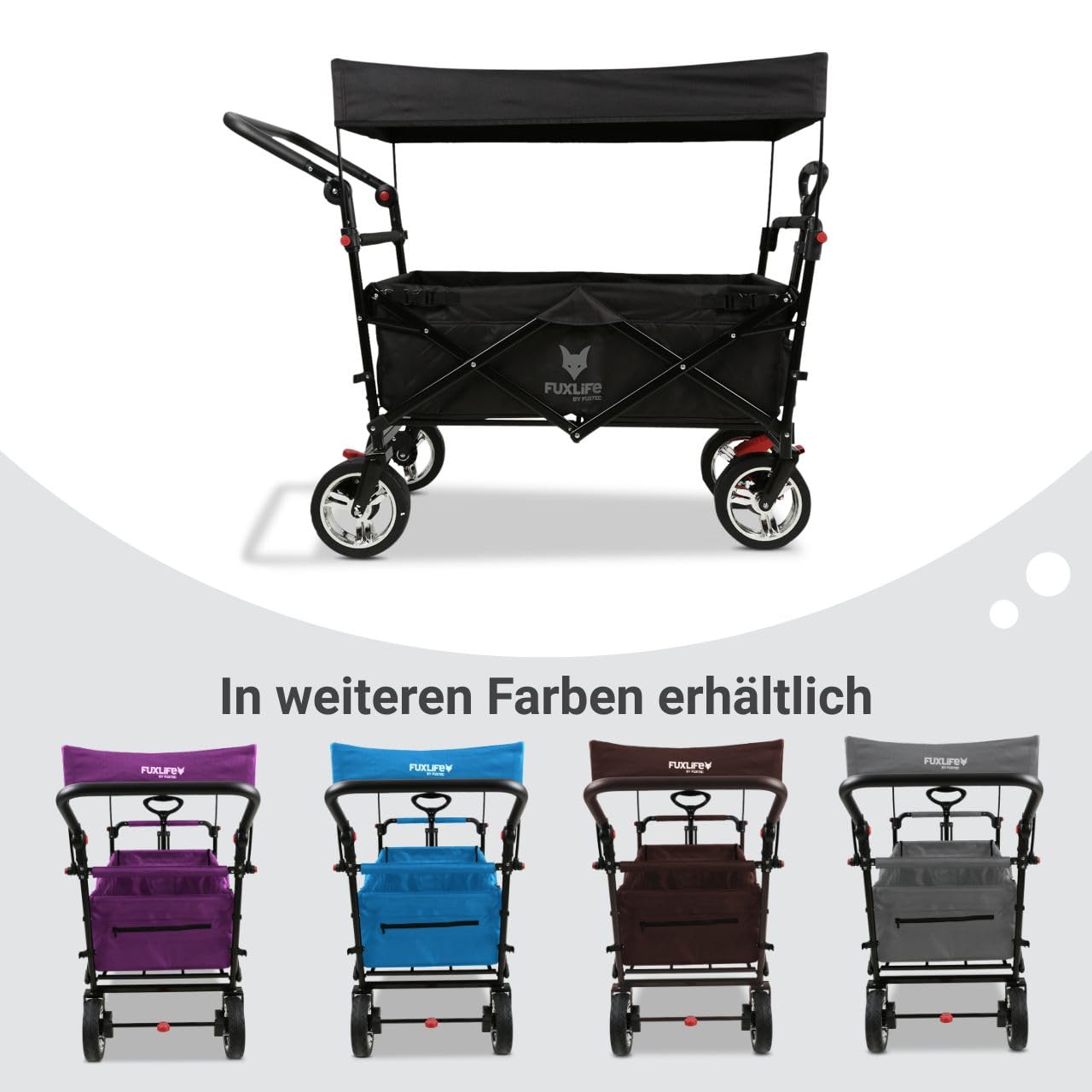 Bollerwagen faltbar FX-CT700 Schwarz • klappbarer Handwagen für Ausflug & Alltag • gepolsterter Sitzbereich • Bremsen • höhenverstellbarer Griff • platzsparender Faltbollerwagen
