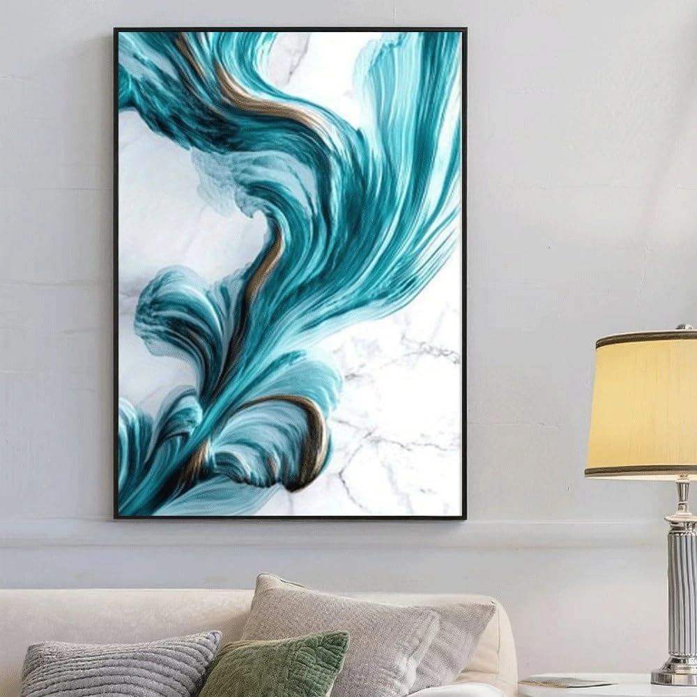 TZKBDMA Modern Teal Abstract Floral-Like Canvas Painting - Elegant Turquoise Minimalist Prints Geometric Wall Art Pictures Wall Decor(70x100cm/Without frame)