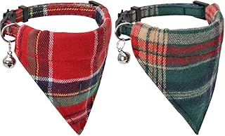 Christmas Cat Collar Breakaway with Cute Removable Bow Tie Bandana and Bell for Kitty Adjustable Safety Plaid
