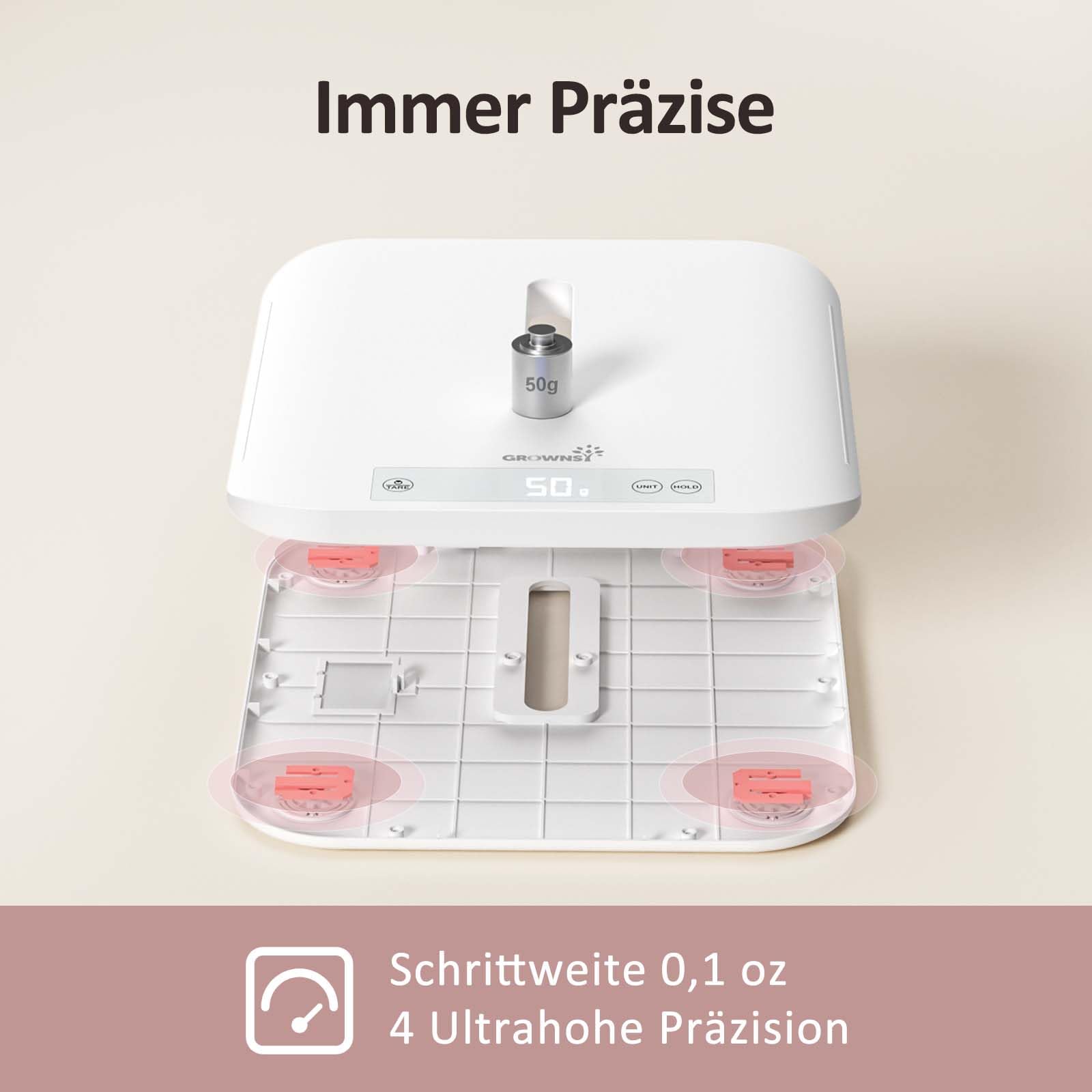Grownsy Babywaage mit Abnehmbarem Tablett – Multifunktionale Waage für Babys, Neugeborene, Haustiere und Erwachsene bis 150 kg, mit Hold-Funktion, 70 cm Größenmessung, 5 Einheiten, LED-Anzeige
