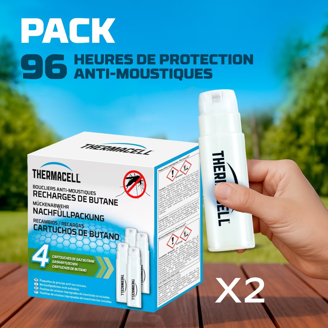 THERMACELL 8 Cartouches Gaz Butane Anti Moustiques Tigres - Extérieur | Pour Bouclier, Diffuseur et Lanterne - Effet Rapide, Inodore - Jardin, Terrasse, Piscine - THBUTANE4X2