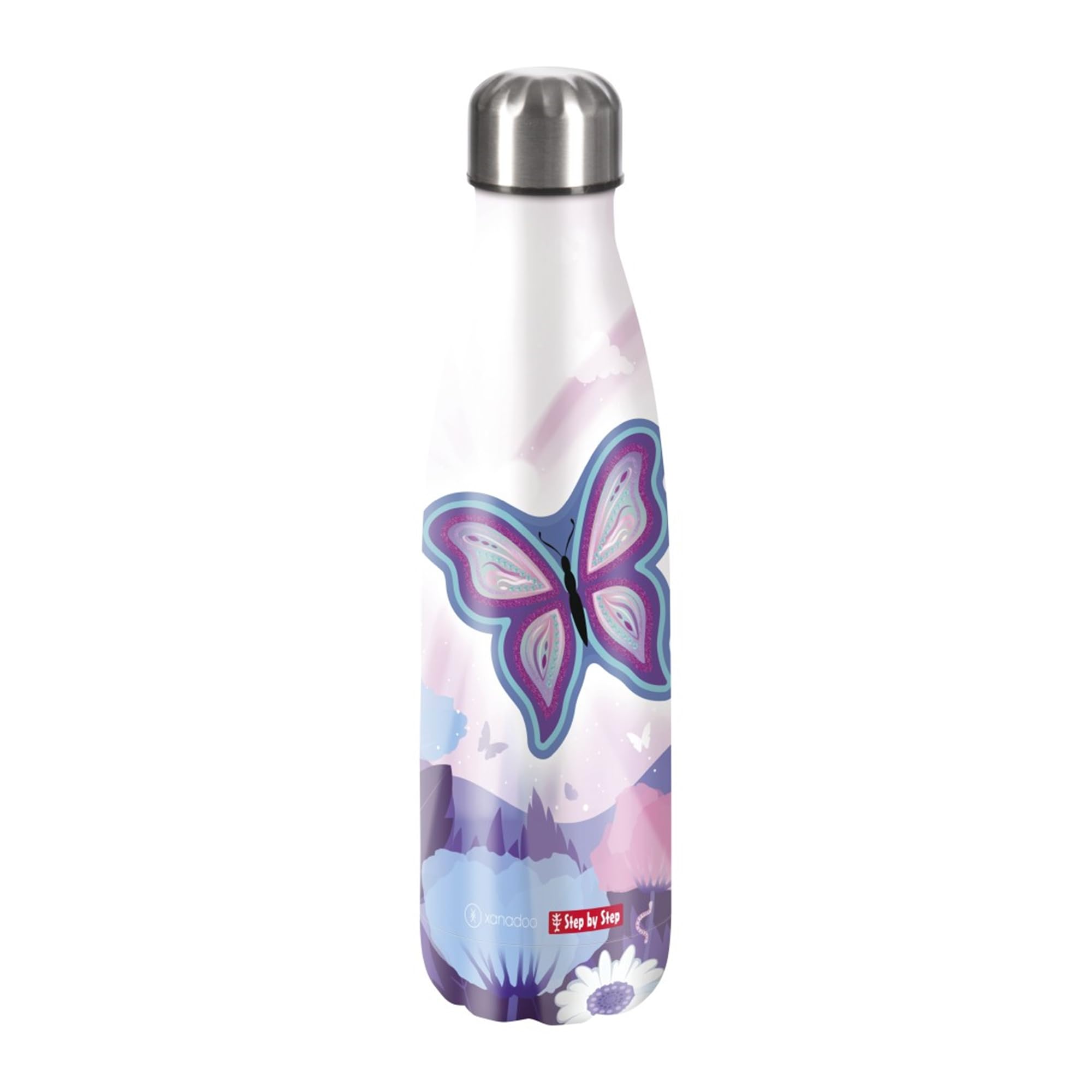 Kolibri Edelstahl-Wasserflasche 600 Ml – Isoliert, Mit Strohhalm, Motiv Wisteria Magnolie Schmetterlinge