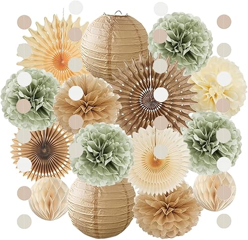 Decoraciones de fiesta de color verde salvia y beige, color dorado champán, verde salvia y marrón, abanicos de papel, faroles para otoño,