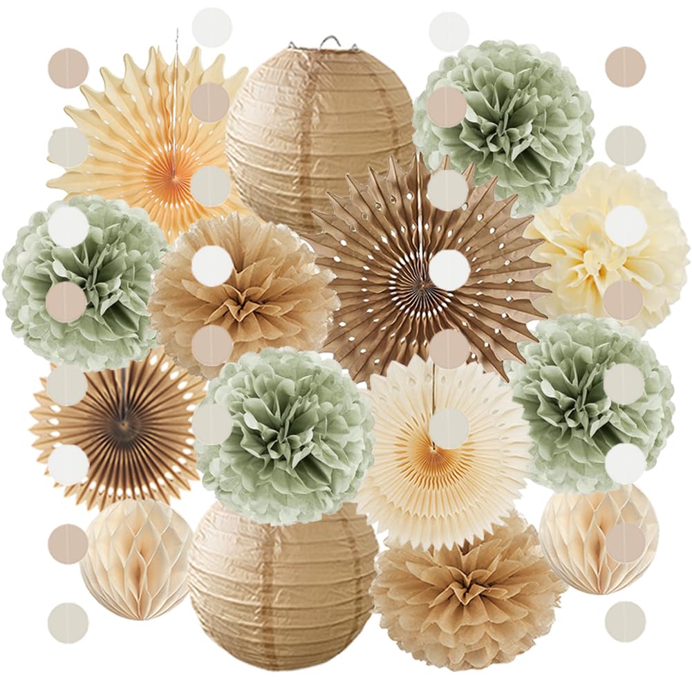 Beige and Sage Green Decorations Retro Champagne Gold Sage Green and Brown Party Decorations Rustic Boho Paper Poms for Vintage Birthday Bachelorette Bridal Shower Baby Shower Engagement Wedding