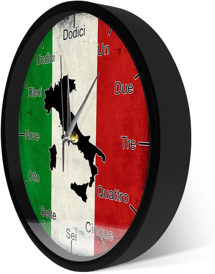 Italian Language Smart Metal Frame Wall Clock, Silent Battery Operated Non-ticking Italy Flag with Map Patriotic Home Decor Modern Design Sound Activated Wall Clock with Aluminum Frame for Bedroom