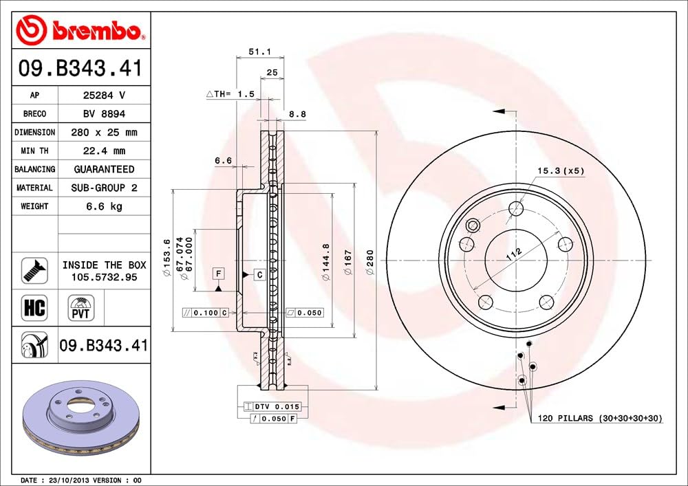 Brembo 09.B343.41 - Disco Freno con Verniciatura UV (Set di 2) - Anteriore
