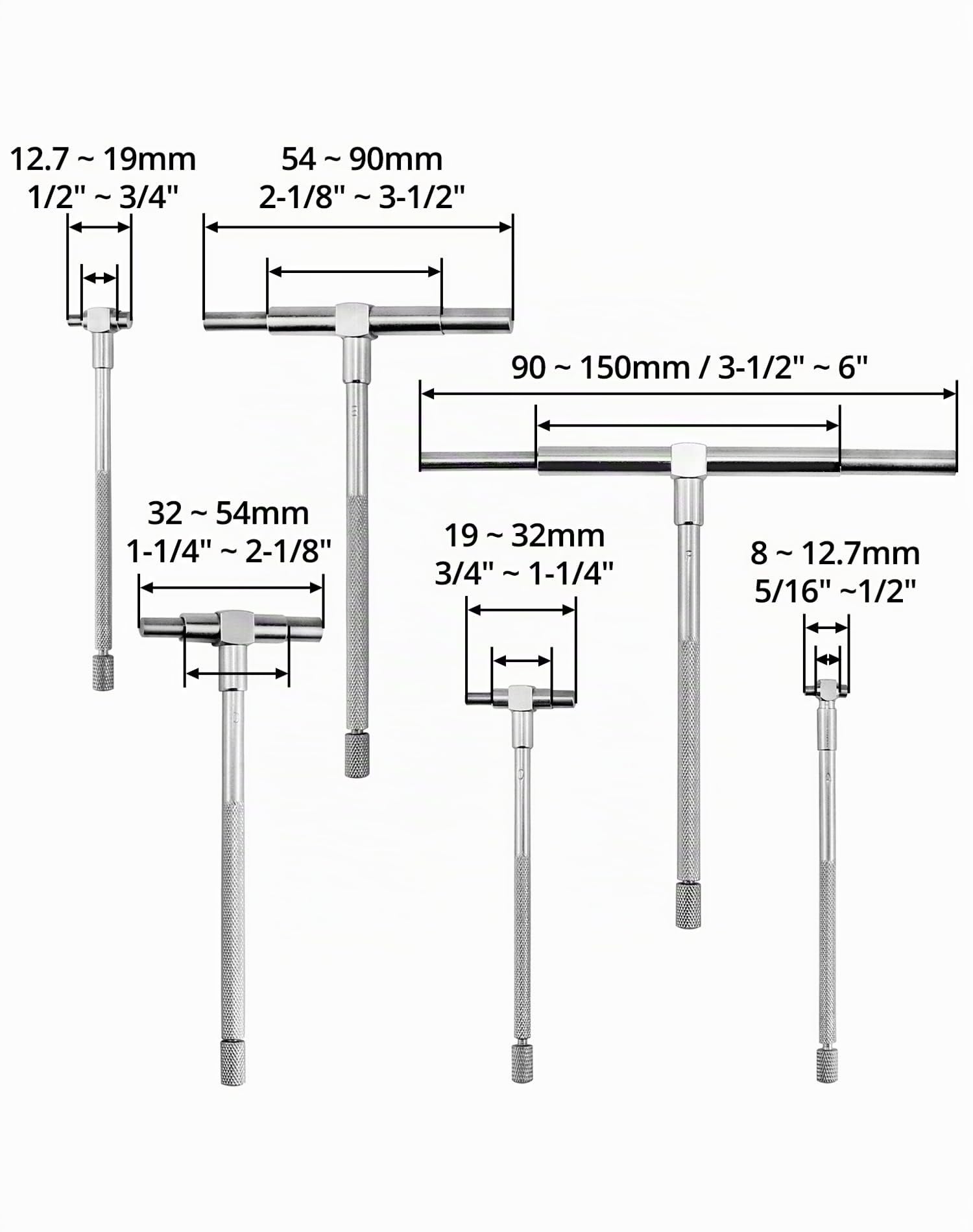 HSEAMALL Jauge Télescopique 8-150 mm Réglable Diamètre Intérieur Jauge, Micromètre Outils de Mesure, 6 Pièces