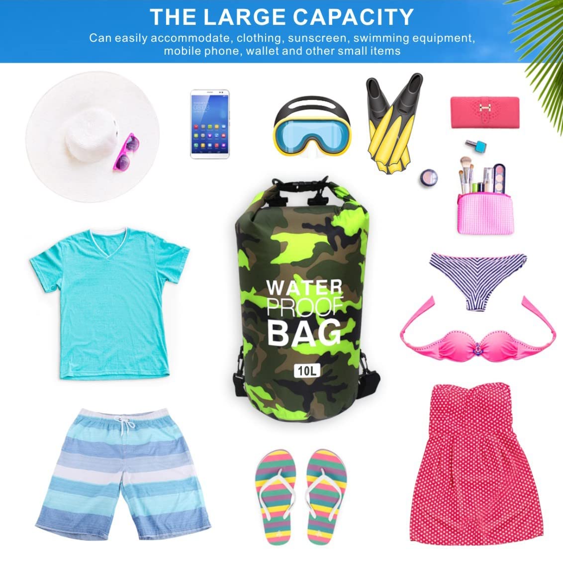 Borsa Impermeabile a Secco, Zaino da Spiaggia Galleggiante Borsa da Viaggio Leggero a Secco per la Spiaggia, Canottaggio, Pesca, Kayak, Nuoto, Rafting, Camping 5L 10L 15L 20L 30L