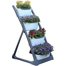 NuVue 2-in-1 Vertical 4-Tier Outdoor Garden Planter, Self-Watering Vertical Planter Tower with Extra Deep Planters and Built-in Water Level Window, Gray/White