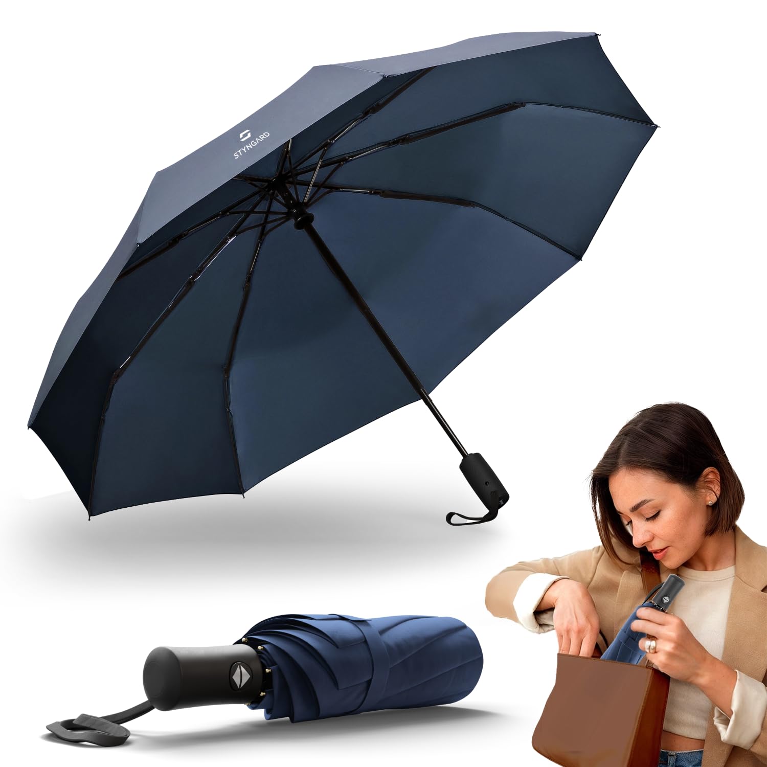 STYNGARD Regenschirm sturmfest - Taschenschirm mit Auf-zu-Automatik und Beschichtung gegen Feuchtigkeitsschäden - kurzer Griff - Modell BERGEN