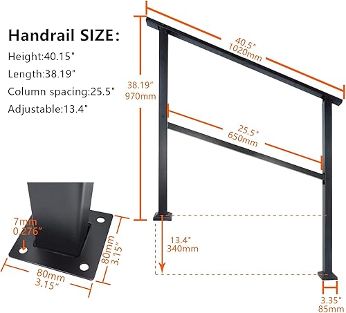 Miniatura 2 de Barandilla de escalera al aire libre de 2 o 3 escalones, pasamanos de hierro forjado negro con ajustable 0-30 para porche delantero, barandilla de