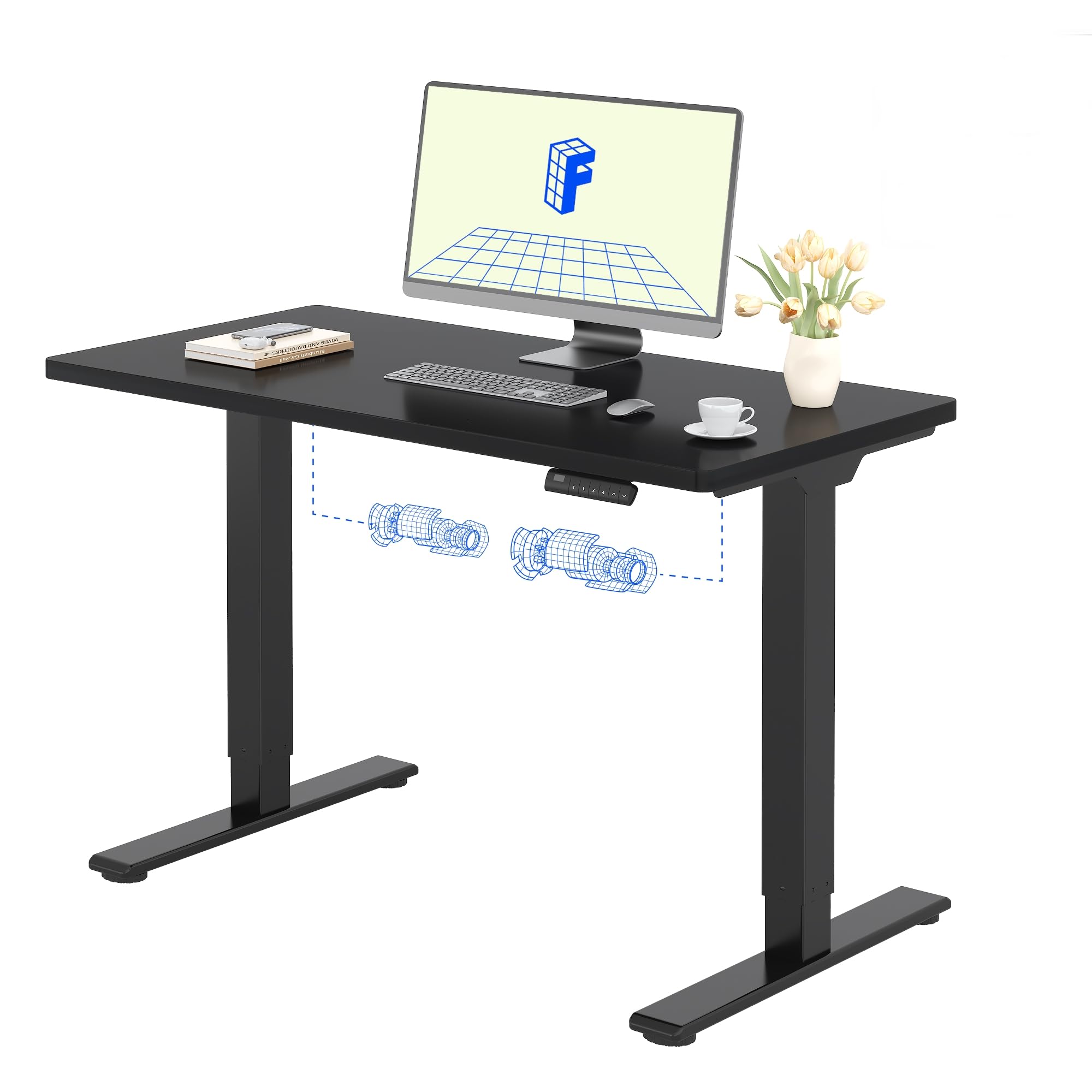 FLEXISPOT Scrivania Regolabile in Altezza 120x60 cm, 2 Motori, Piano Unico 25 mm, Memoria & Display Altezza, Ergonomica con Gestione Cavi, Ripiano Sottoscrivania, Ganci e Clip Fermacavi