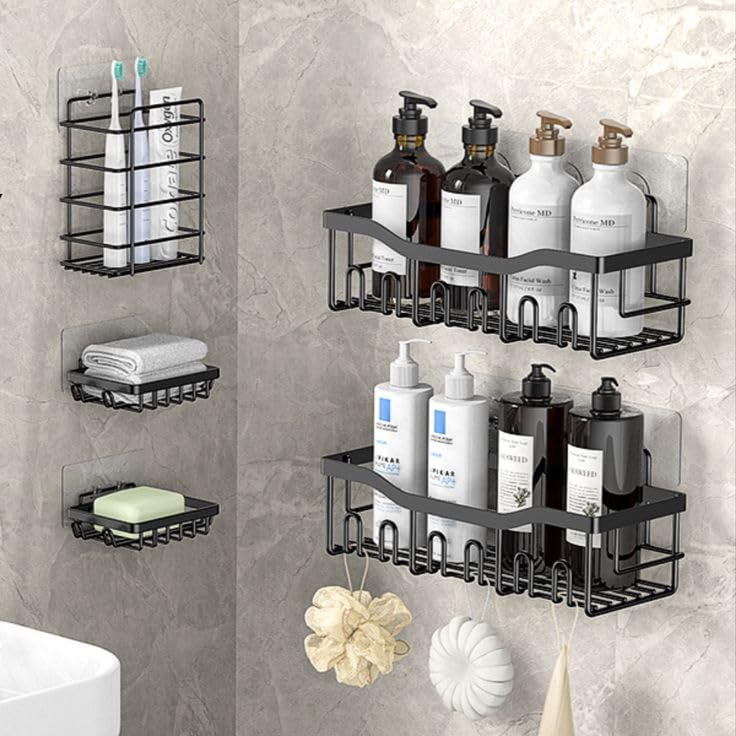Image of ARQUIN Bathroom Organiser Without Drill Self Adhesive Bathroom Organizer Shelf Bathroom Accessories Set Stainless Steel 5 in 1 Shelves, Soap Holders, Tooth Brush Holder Wall Mounted (Pack of 1)