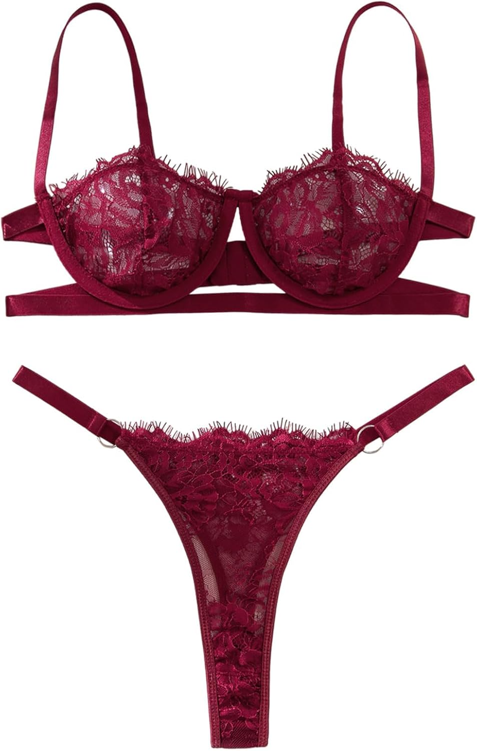 Lilosy Sexy Eyelash Underwire Floral Lace Sheer O Ring Linked Cutout Lingerie Set