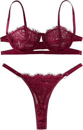 Lilosy Sexy Lingerie Set 2 Piece Women Lace Bra and Panty | Underwire Sheer Plus Size Curvy Exotic Outfit Eyelash Cute Floral Push Up O Ring Cutout Halloween Christmas Valentine Day