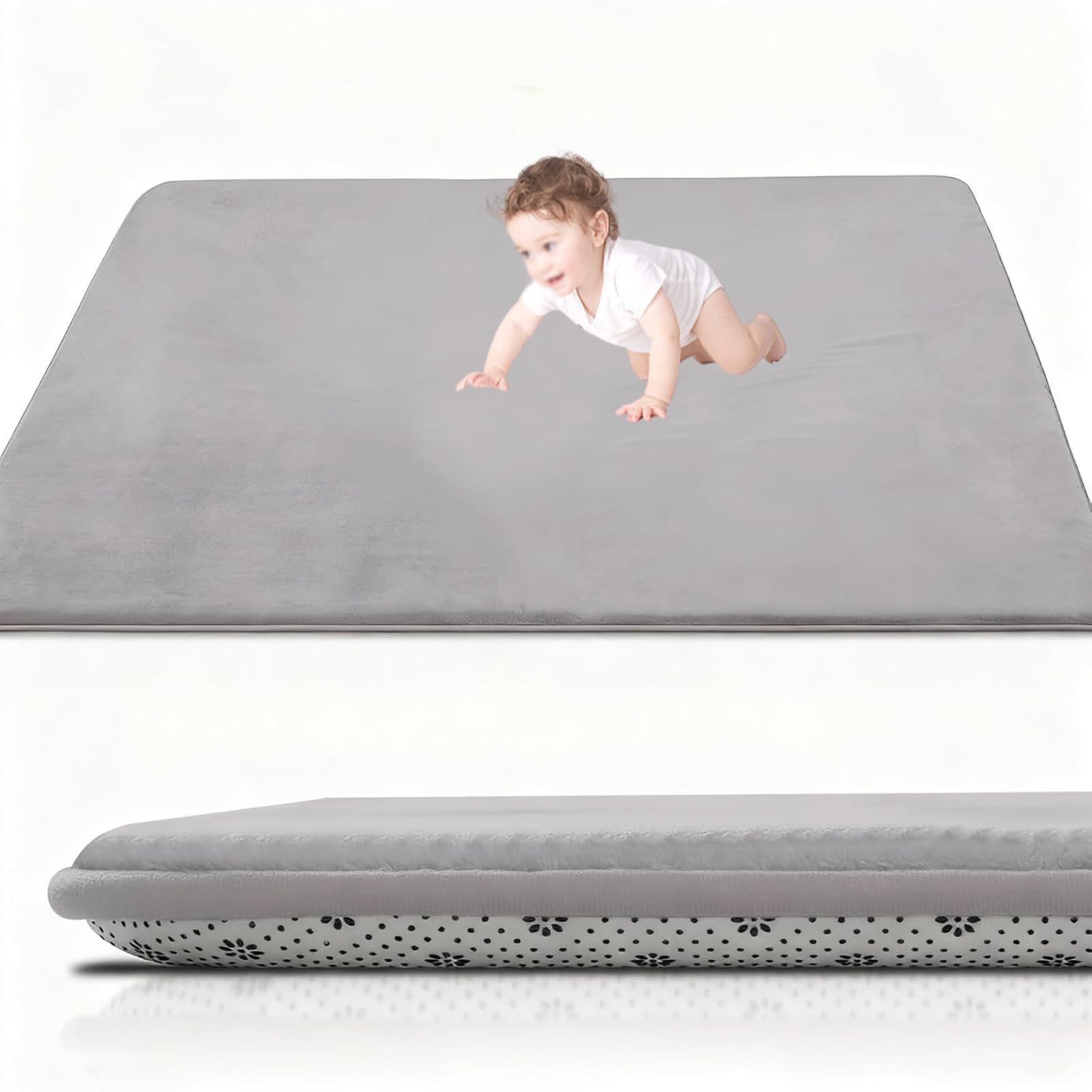 Coral Velvet Baby Play Mat, 2CM Thick Baby Crawling Mat 190 x 350 cm Silver Grey Nursery Rug for Crawling & Playing for Bedroom, Kids Room, Playmat Non-slip Nursery Babies Mats for Floor Play
