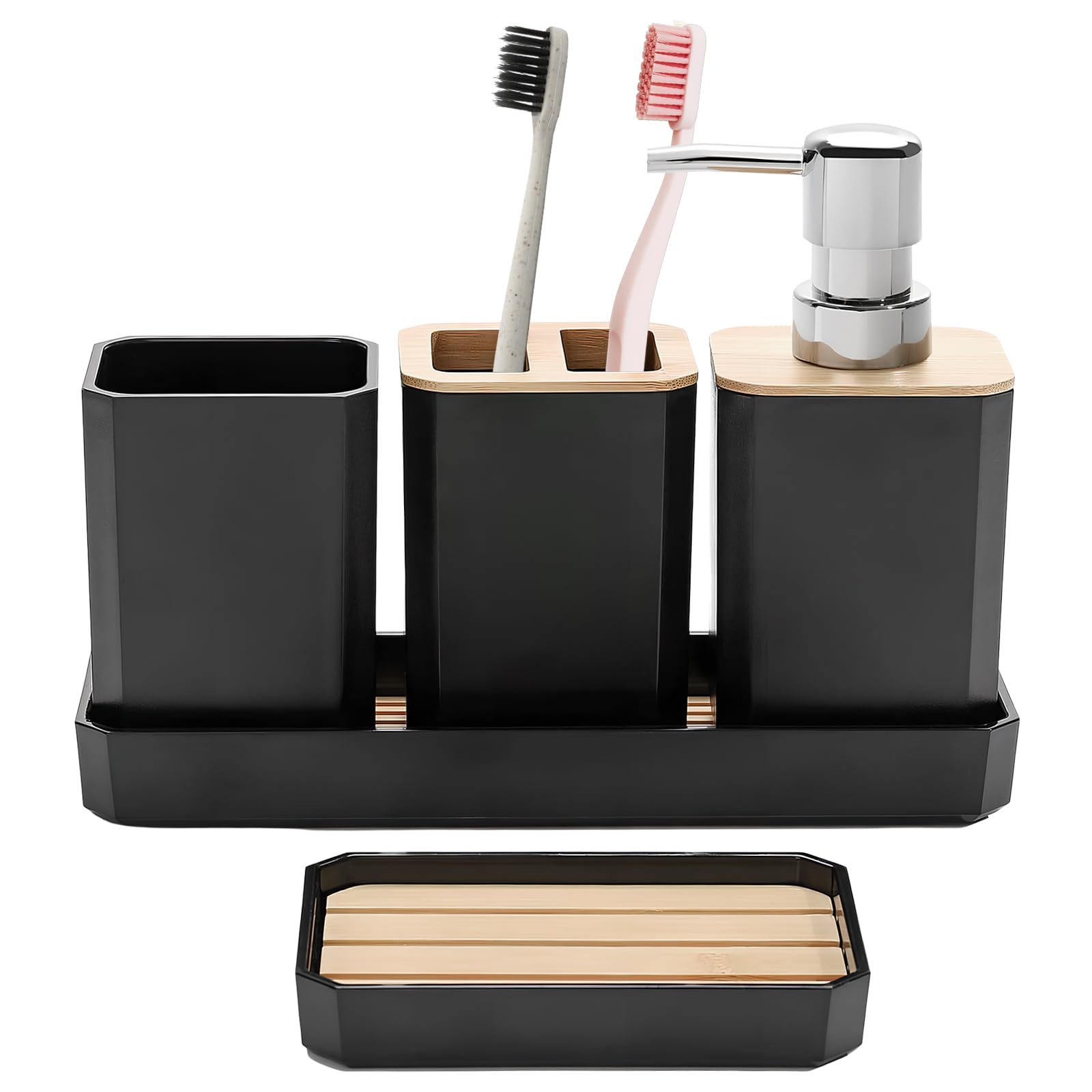 Volumoon Juego de Accesorios de Baño Multifunción,Set de Baño Elegante y Práctico con Jabonera,Dispensador de Jabón y Soporte para Cepillo de Dientes,decoración Moderna de baño,Accesorios Baño Negro