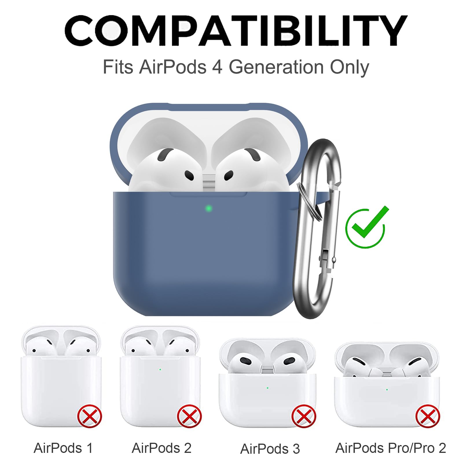 Custodia per AirPods 4 2024, Case Protettiva in Silicone per AirPods 4th 2024 Cover in Silicone Visibile a LED Frontale con Moschettone, Navy Blu