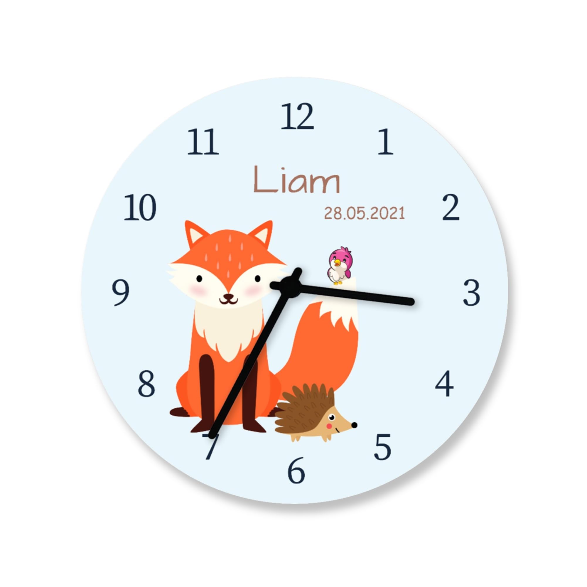 Kinder Wanduhr Fuchs mit Namen Geburtsdatum Kinderuhr Tiere Jungen Mädchen Uhr lautloses Uhrwerk