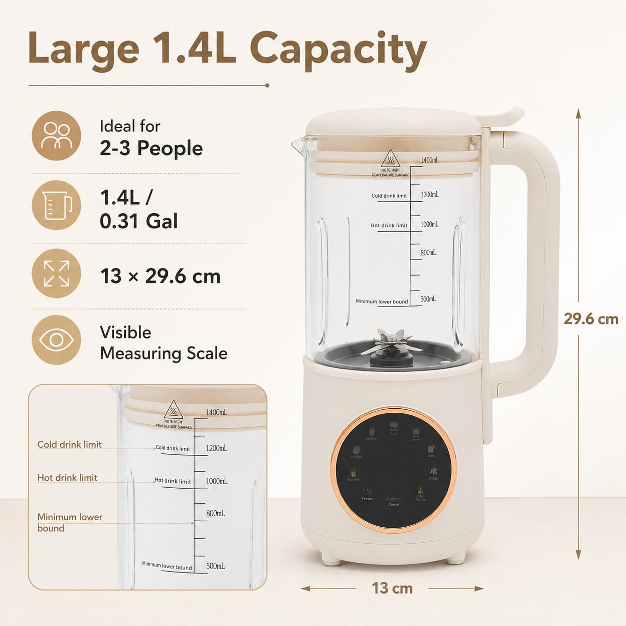Macchina per latte di soia 1,4 l Macchina per il latte vegetale automatica con schermo tattile a LED e maniglia, base stabile, per acqua bollente, succo, latte d'avena, latte di noci, latte di soia