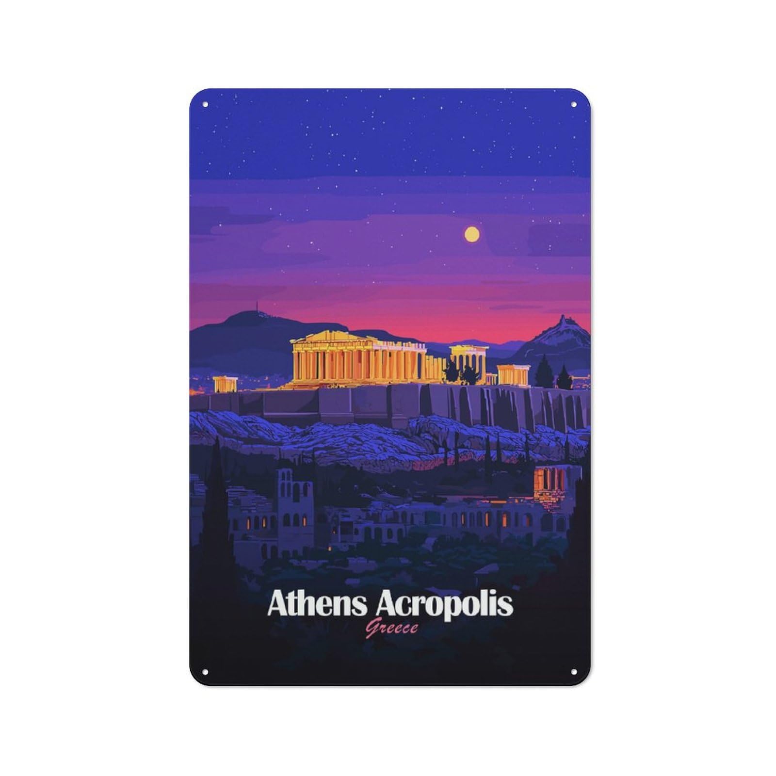 Junmoney Style-11 Athens Acropolis Night Rustic Metal Sign 30X20cm For Hobby Room Or Studio, Suited To Hobby Room Decor Fans