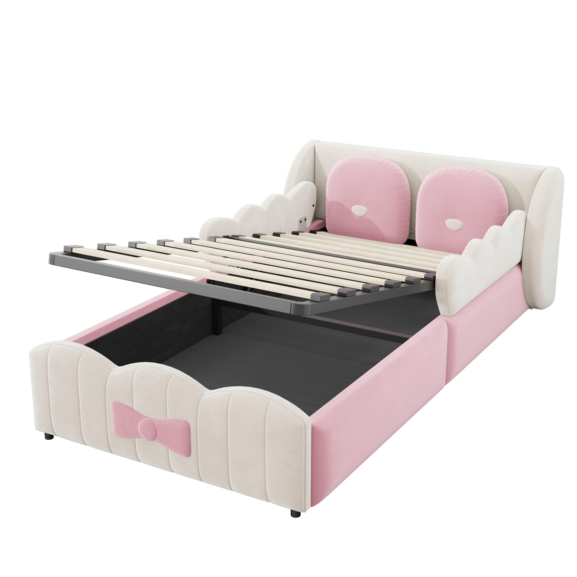 Cama Canapé 90x200 con Almacenamiento Integrado Cama Tapizada con Elevación Hidráulica Single Bed con Dos Cojines Decorativos sin Colchón Tapizado de Terciopelo para Vivienda Beige