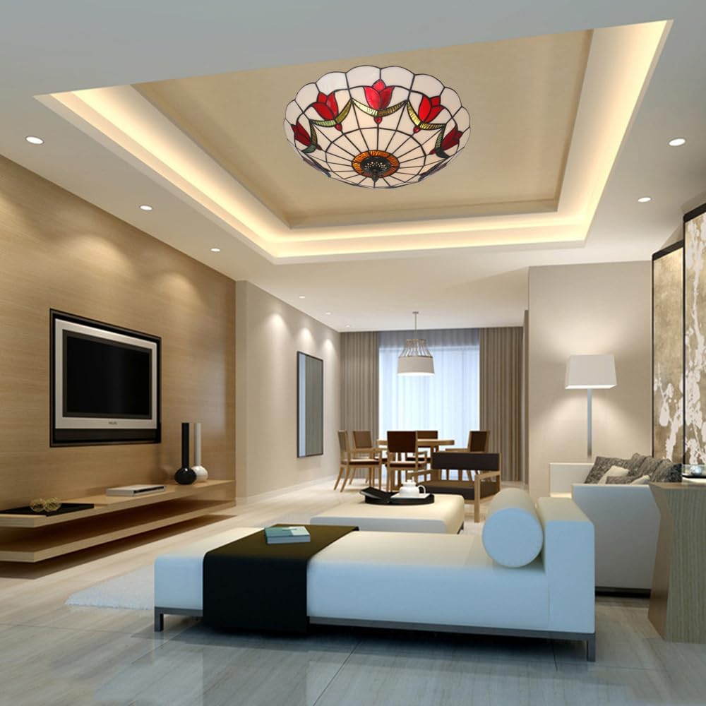 16 Inch Tiffany Style Stained Glass Ceiling Light Flush Mount Ceiling Light Vintage Chandeliers Pendent Light Fixtures (16 Inch Red)