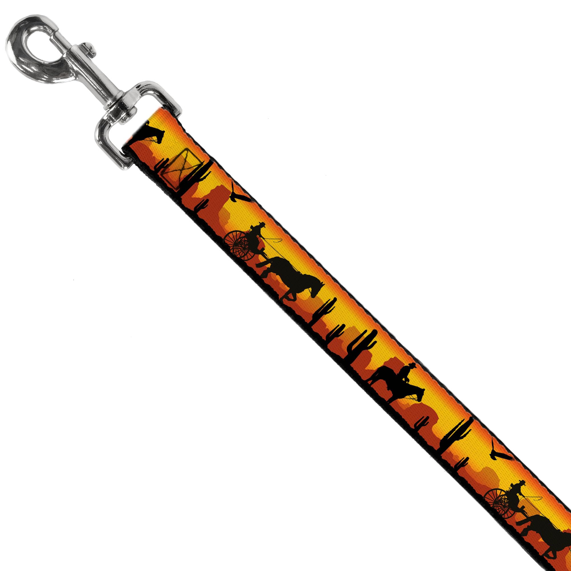 Correa para Perro, Silueta Vaquera, Paisaje Occidental, Rojo, Negro, 6 pies de Largo, 1.5 Pulgadas de Ancho